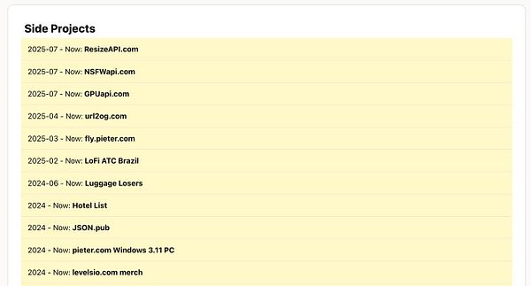 A list of side projects with their respective timelines and URLs.