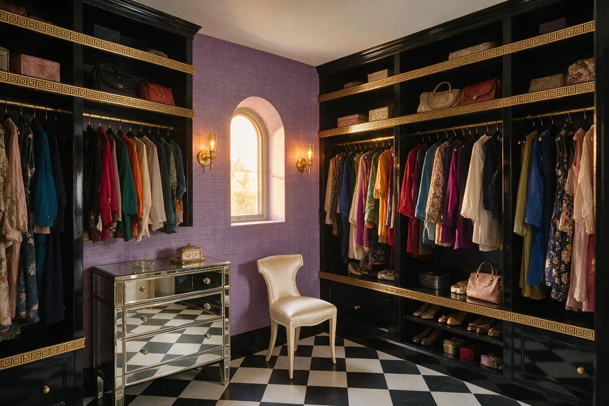 A Hollywood Regency-style closet with black built-in wardrobes trimmed in gold Greek key detailing, filled with colorful clothing and accessories. The room has lavender textured walls, a small arched window, a mirrored chest of drawers, a cream upholstered chair, and a black-and-white checkered floor.