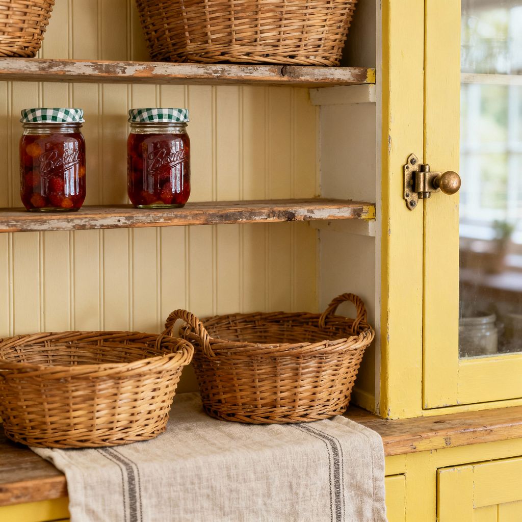 A close-up of a vintage butter-yellow kitchen hutch with a glass-front door and aged brass latch. Open beadboard shelves hold woven wicker baskets, two mason jars of red preserves with gingham lids, and a natural linen runner on a weathered wood counter, all lit by soft daylight that highlights the distressed edges and cozy farmhouse character.