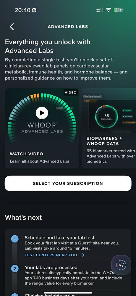 The image displays a mobile app interface for WHOOP's Advanced Labs feature, detailing the process and benefits of lab tests for biomarkers.