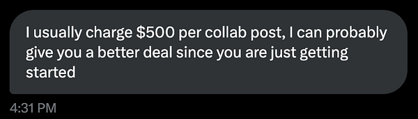 A text message discussing collaboration pricing.