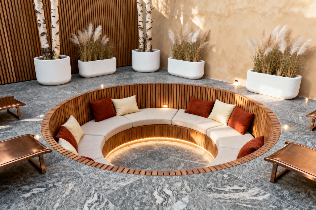 A contemporary patio features a circular sunken seating pit lined with vertical teak slats and light beige cushions. The floor is gray marble-look stone with small recessed lights and a warm LED strip beneath the bench. Large matte white concrete planters hold birch trees and pampas grasses against a warm beige stucco wall, while two low copper-finish loungers sit near the edge of the conversation pit.