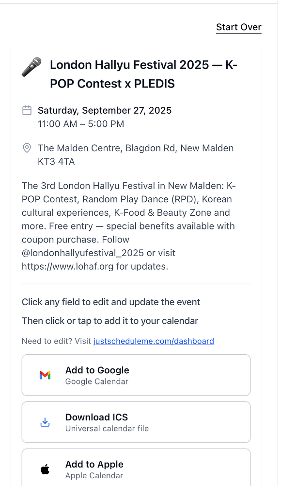 Event details for the London Hallyu Festival 2025 are displayed in a calendar interface.