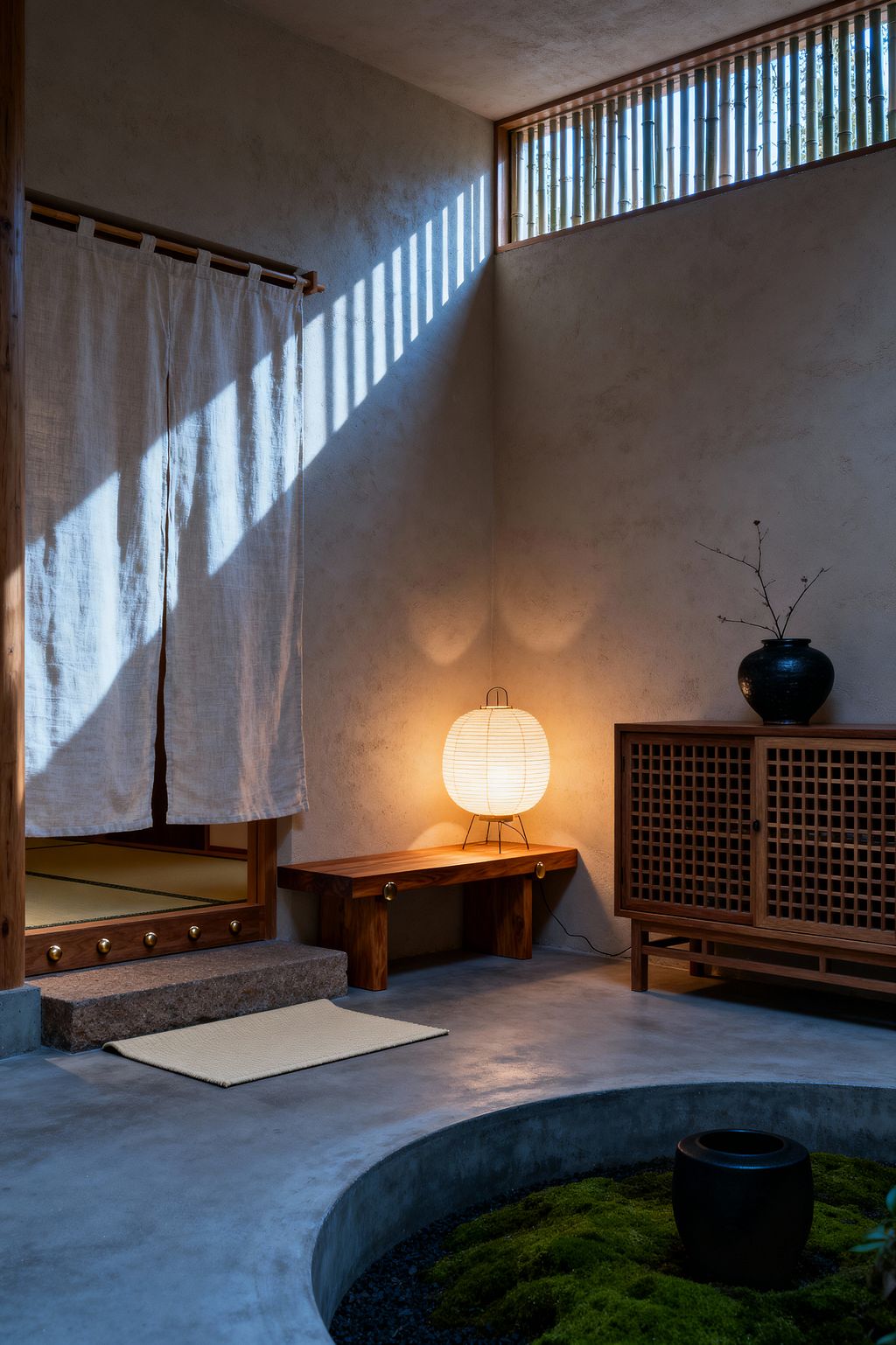 A minimalist Japanese mudroom features a polished concrete floor with a circular recessed moss garden centered by a black ceramic vessel. At left, a rough granite step leads to a tatami room screened by a linen noren, while a solid wood bench holds a glowing paper lantern. A lattice-front wood cabinet with a single dark vase sits to the right. Sunlight from a high slatted clerestory window casts striped shadows across textured plaster walls, creating a calm, contemplative entry.