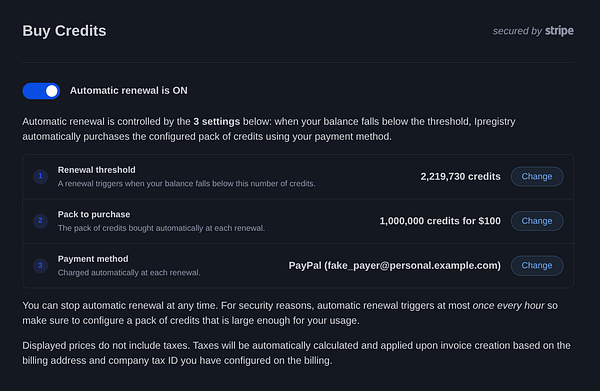 Screenshot of an IPRegistry subscription and service settings page showing subscription details and renewal options.