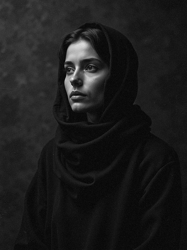 A black and white portrait of a woman wearing a hooded garment, set against a textured dark background.