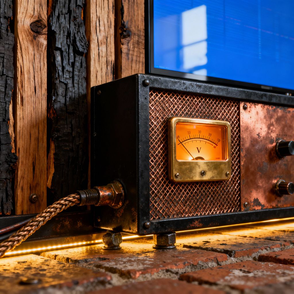 Close-up of an industrial-styled media room detail: a flat-screen TV sits above a custom AV unit built from blackened steel with a perforated metal grille and patinated copper faceplate. A brass-framed analog voltmeter glows amber, flanked by tactile knobs. A thick braided copper cable connects at the side. The unit rests on rough reclaimed brick with a warm LED strip beneath, while a backdrop of charred wood planks adds texture and contrast.