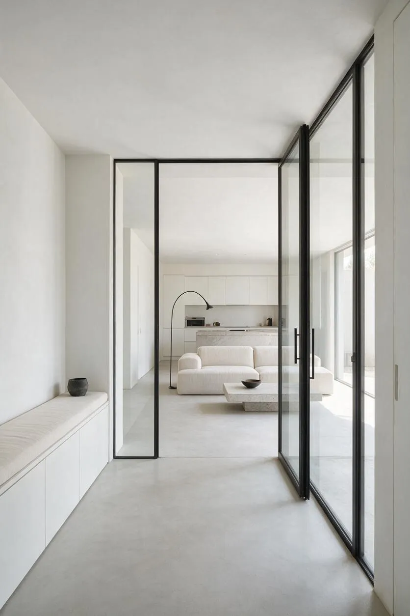 A minimalist front porch with smooth pale flooring, white walls, and black-framed glass doors that open into a bright interior. A built-in bench with light upholstery and a small dark vase sits along the left wall, while the view beyond shows a white living area with a low sofa and stone coffee table.