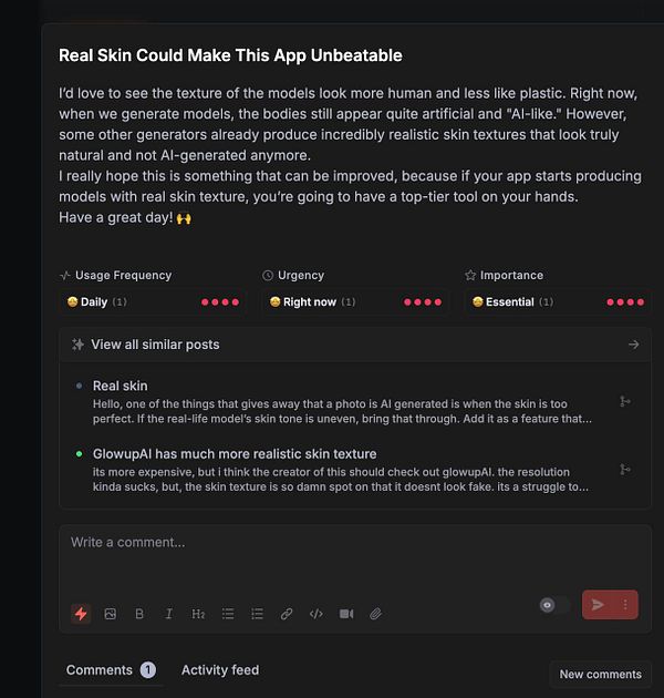 The image displays a task management interface discussing improvements for skin texture in AI-generated models.
