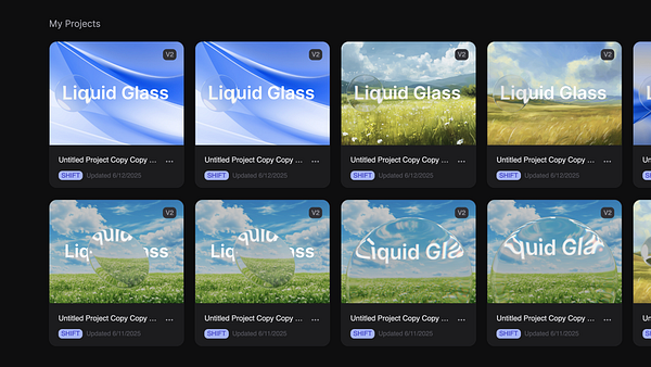 A grid of project thumbnails showcasing various designs related to 'Liquid Glass'.