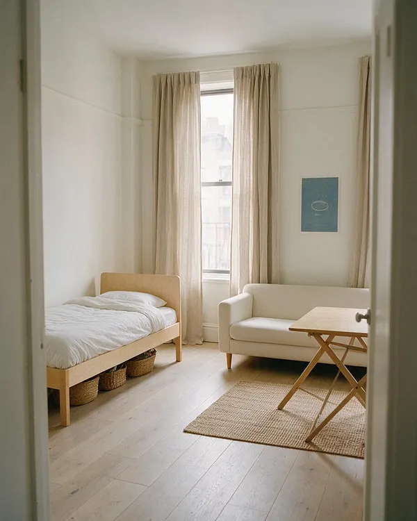 A small Scandinavian-style studio apartment with a simple wood bed, white bedding, and woven baskets underneath on the left. A cream sofa, a light wood folding table, sheer beige curtains, a jute rug, and pale wood flooring create a calm, airy space with soft natural light.