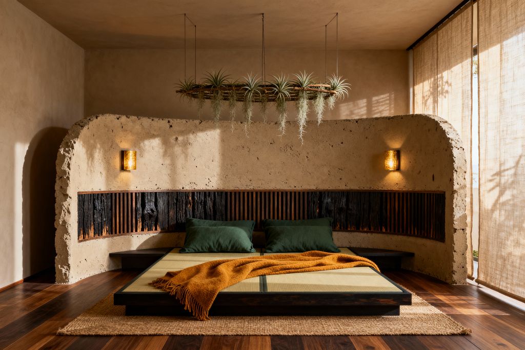 A serene bedroom features a low tatami platform bed nestled in a curved alcove of textured earthen plaster. Behind green pillows and an ochre throw, a headboard combines vertical slats with charred wood. Above, a suspended ring made of branches holds air plants and trailing Spanish moss, while warm sconces glow on both sides. Walnut floors, a woven jute rug, and sheer linen drapes filter natural light from a full-height window.
