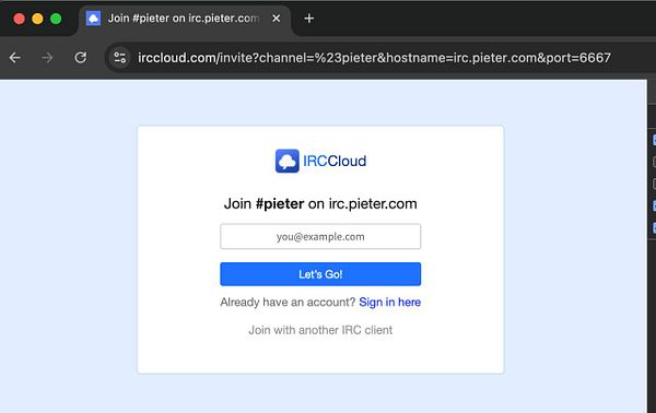 The image displays a login interface for joining an IRC channel on irc.pieter.com.