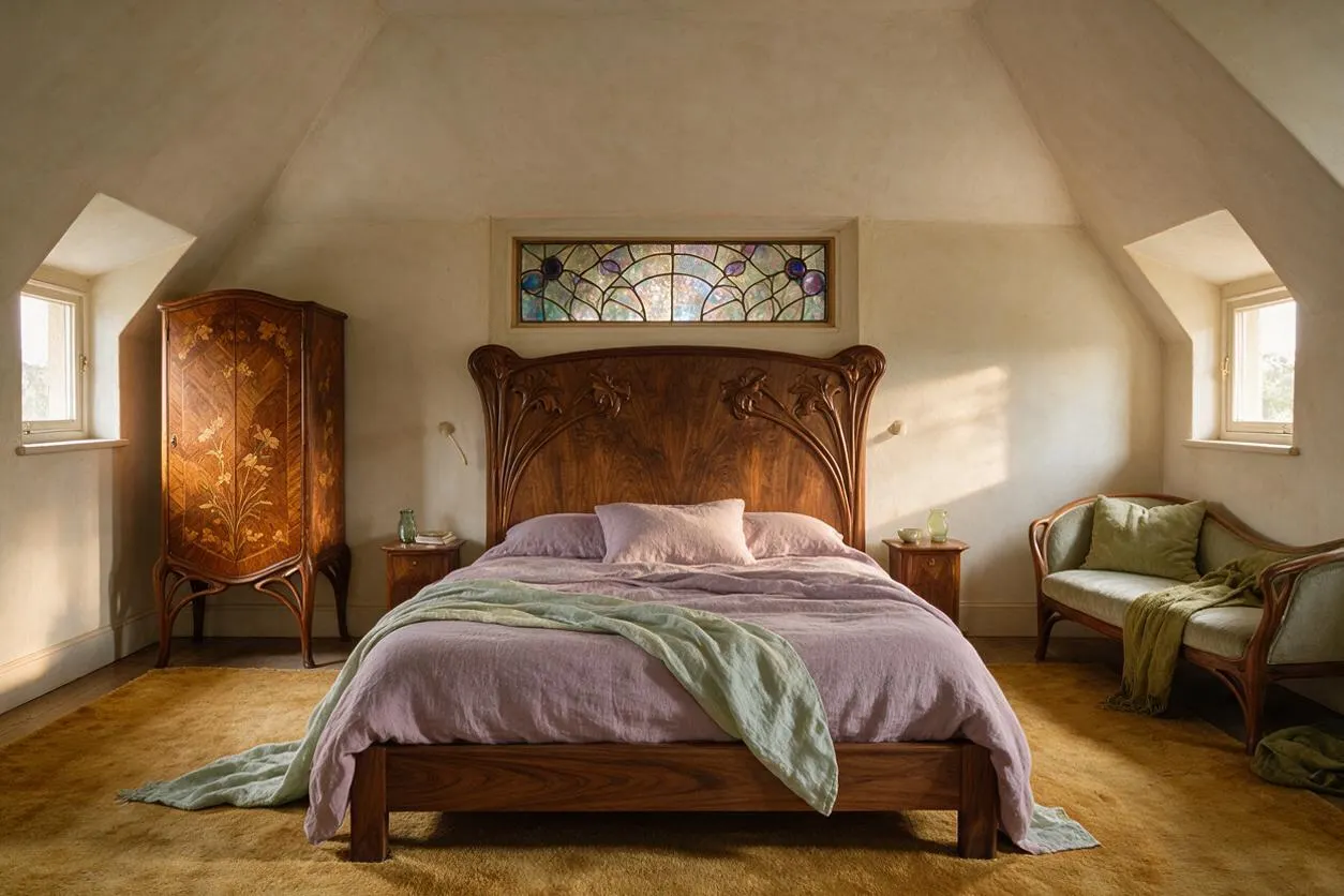 A master bedroom with a carved wooden bed centered against a cream wall, flanked by two small nightstands and topped by a decorative stained-glass transom window. A floral inlaid armoire stands to the left, and a curved settee with green cushions sits to the right, all on a mustard-colored rug under a sloped ceiling.