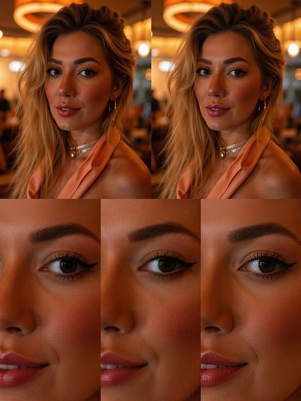 The image features a side-by-side comparison of a woman's portrait with enhanced details on her face.