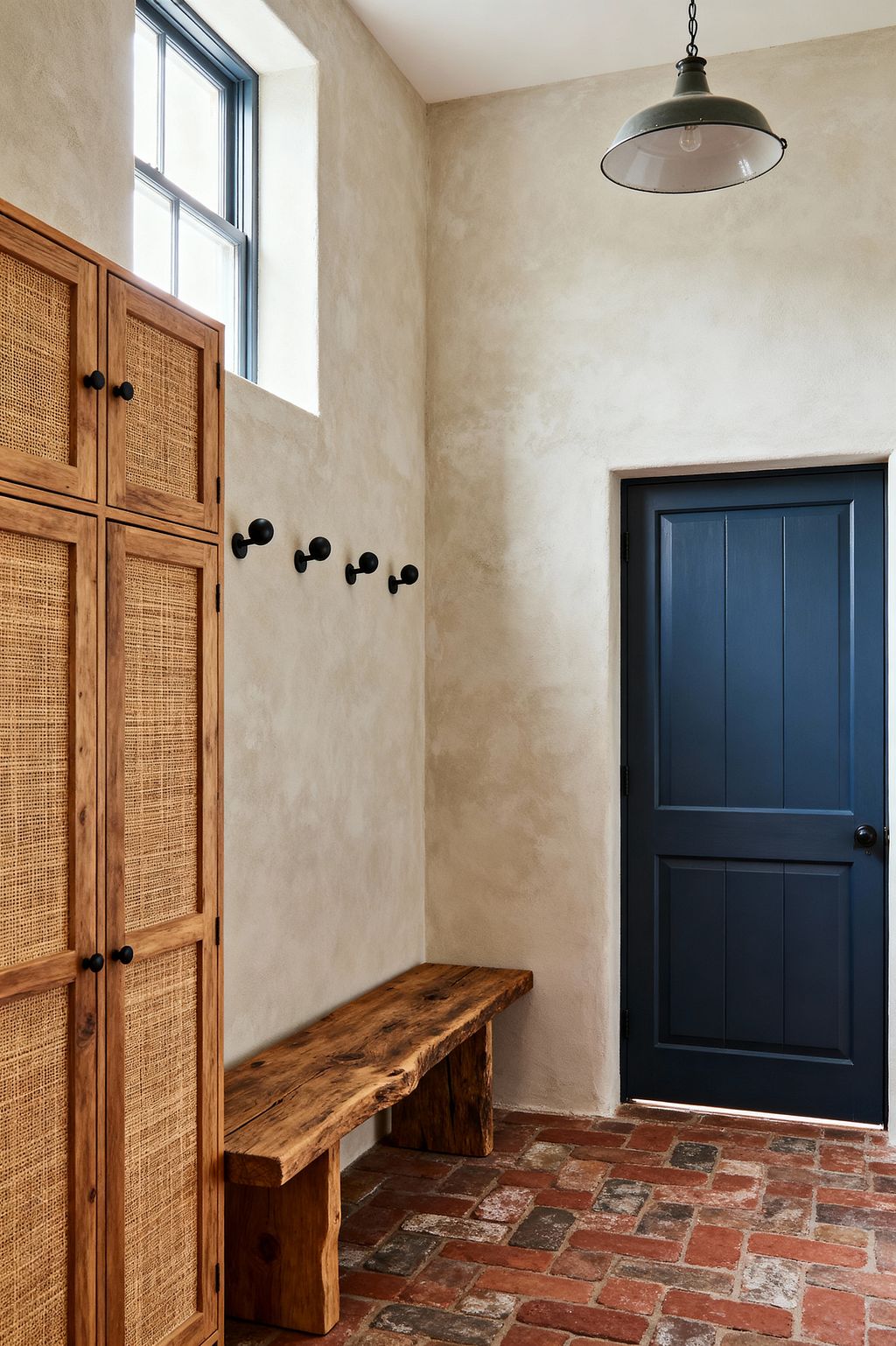 A rustic mudroom features tall honey-toned wood lockers with woven cane fronts on the left, a thick live-edge wood bench beneath a high window with blue-gray trim, and a line of matte black wall hooks. Textured limewashed walls surround a deep navy paneled door on the right. Reclaimed terracotta brick flooring adds patina, while an industrial enamel pendant hangs from the ceiling, lit by soft natural daylight.