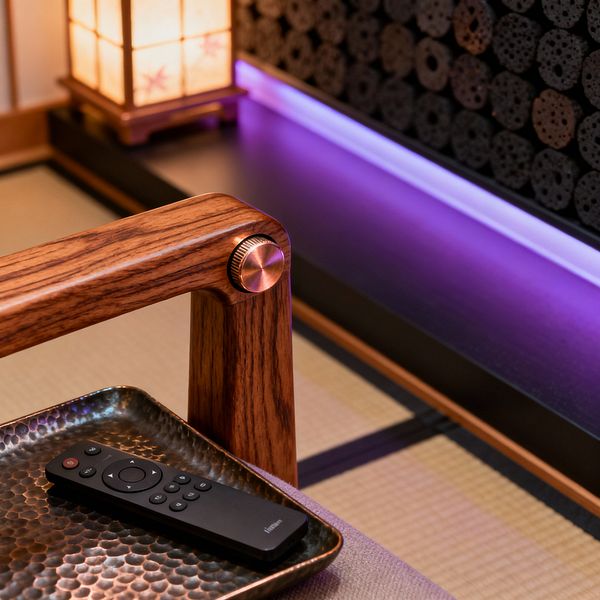 A close-up of a Japanese-inspired media room shows a tatami floor with black borders, a low black platform, and a softly glowing shoji lantern. In the foreground, a chair with a richly grained wood arm and a brushed copper knob sits beside a hammered bronze tray holding a black remote, while a textured black wall panel with circular patterns is backlit by a subtle purple LED strip, blending warm amber and cool tones in a minimal composition.