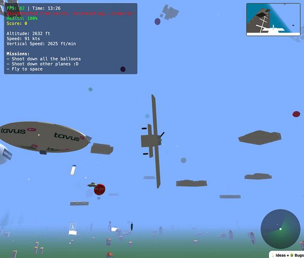 The image depicts a flight simulation interface showing an aircraft in a colorful, blocky environment with various floating objects.