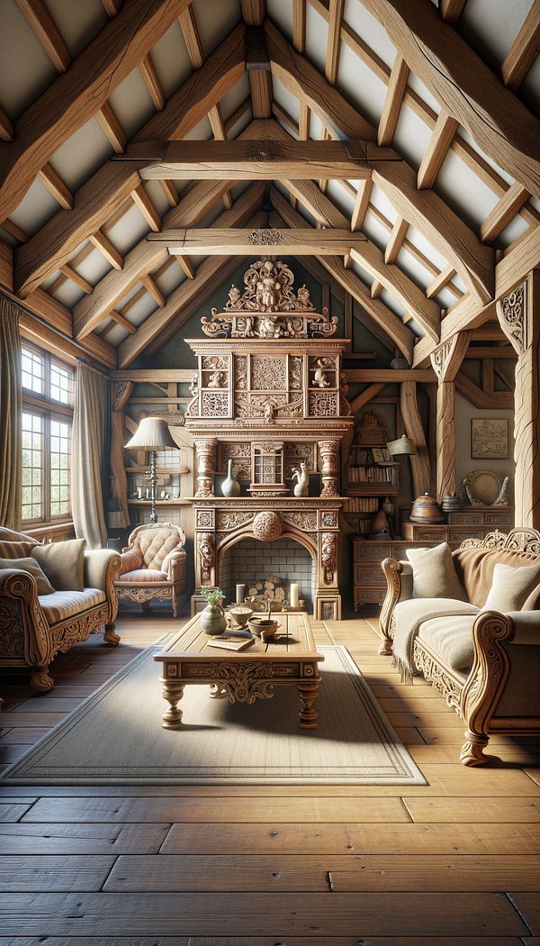 A cozy living room featuring ornately carved wooden furniture, exposed wooden beams, and a decorative gable replica as a focal point of the room.