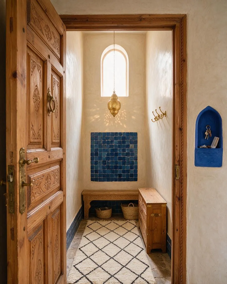 A narrow Moroccan-style entryway with a carved wooden door, arched wall niche, brass hanging lantern, and a square blue tile accent on a cream plaster wall. A small wooden bench with woven baskets sits at the end of the hall, with a white rug featuring a black diamond pattern on the floor.