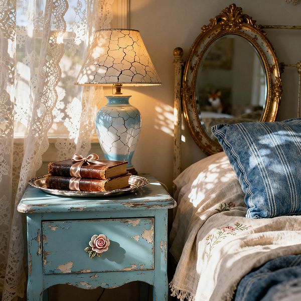 Sunlit shabby chic bedroom vignette featuring a distressed turquoise nightstand with a rose-shaped knob, topped by a crackle-glazed blue ceramic lamp and a silver tray holding ribbon-bound vintage books. An ornate oval gilded mirror leans against a cream wall beside lace curtains, while a bed dressed in white embroidered linen and a denim-blue striped pillow completes a palette of powder blue, warm white, and antique gold.