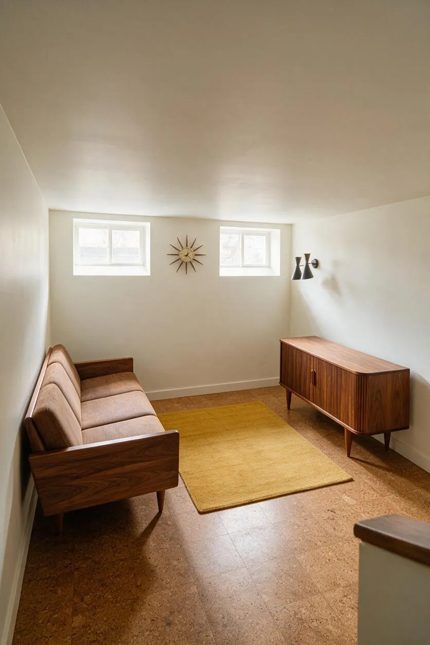 A compact basement sitting room in a mid-century modern style with a walnut sofa on the left, a low credenza on the right, and a mustard yellow rug centered on a cork floor. Two small windows and a starburst wall clock brighten the cream-colored room, while a pair of wall sconces adds sculptural detail.