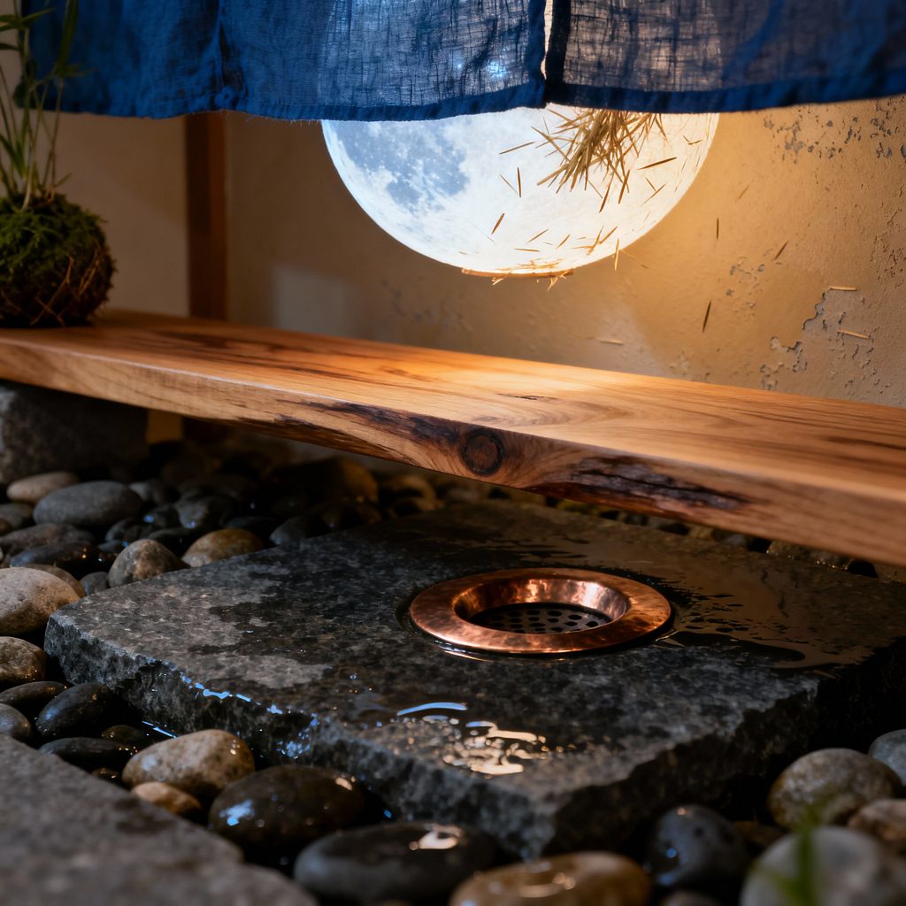 Close-up of a Japanese-style bathroom niche featuring a natural wood bench above smooth river pebbles and a square dark granite slab with a copper drain where water pools. A deep indigo fabric curtain partially conceals a round, moon-like lamp that casts warm light over a textured plaster wall, while the stone and water details create a tranquil, spa-like atmosphere.