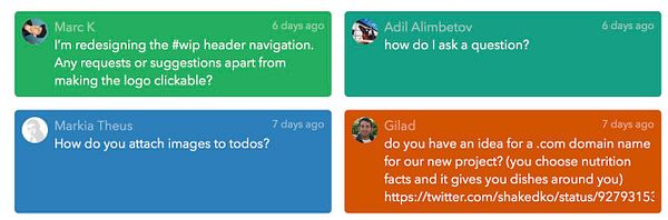 The image displays a set of four user comments or posts in colorful boxes.