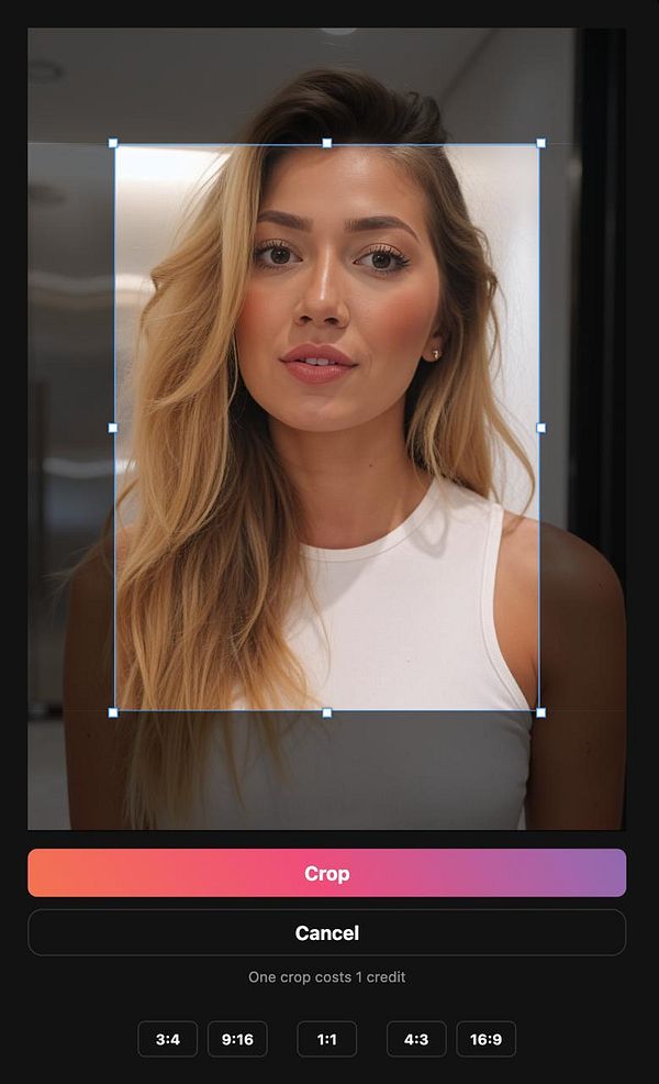 A crop modal interface displaying a portrait of a woman with long hair.