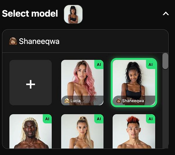 A model selection interface displaying AI influencers tagged with 'AI'.