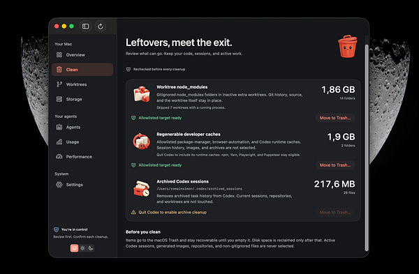 Dark mode interface of a cleanup utility app showing leftover files for removal, with a sidebar menu and options to move items to trash.