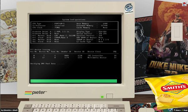 A vintage computer screen displays system configuration details alongside nostalgic items from the 90s.