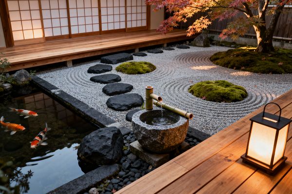A Japanese Zen patio with a wooden engawa overlooks a koi pond, a bamboo spout pouring into a granite water basin, and a raked gravel garden with concentric patterns. Black stepping stones lead past moss mounds beneath a red-orange Japanese maple, while warm light from a paper lantern and softly glowing shoji screens creates a calm, minimalist atmosphere focused on stone, water, wood, and foliage.
