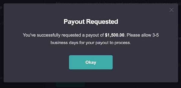 A confirmation message for a payout request of $1,500.