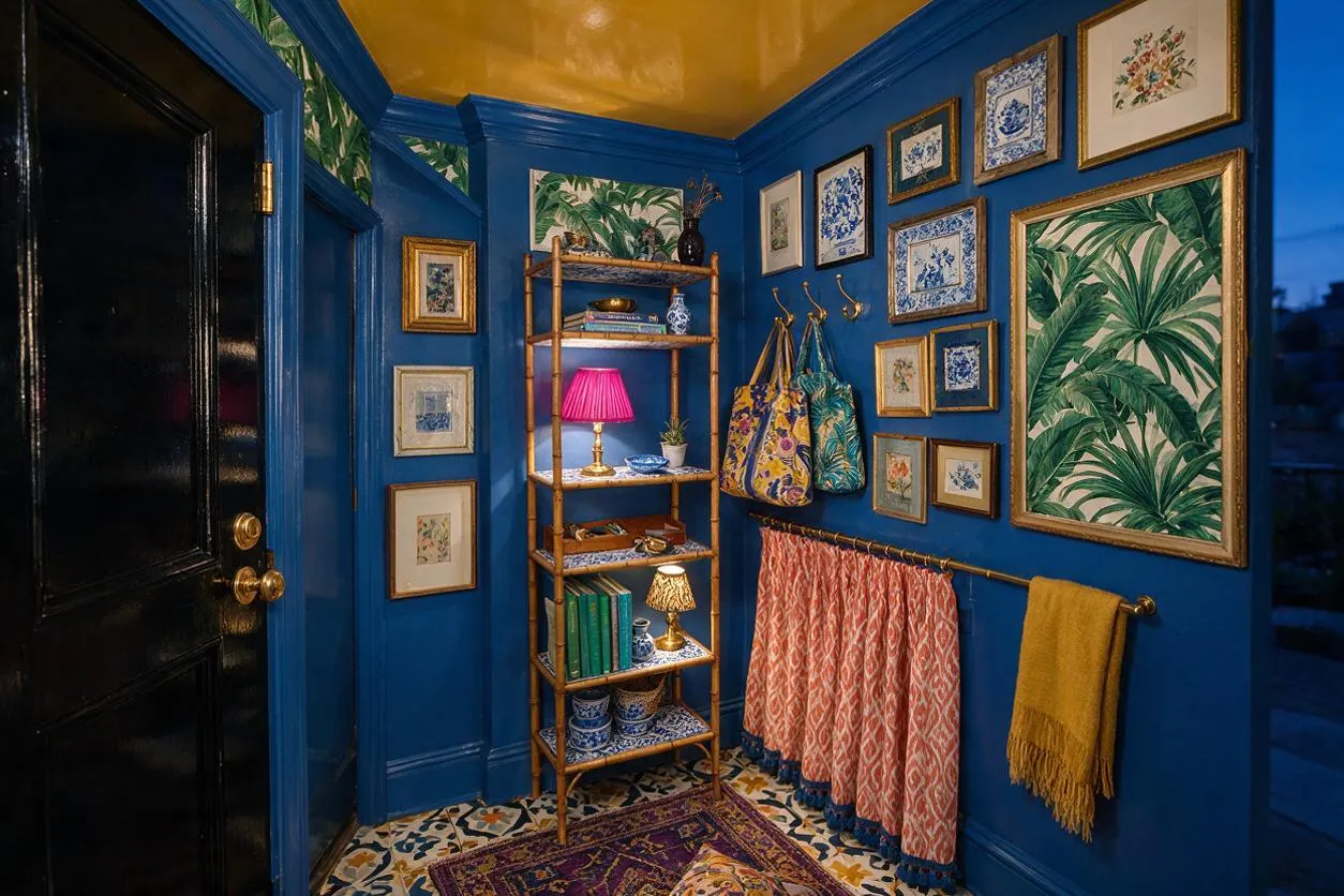 A richly decorated entryway features vivid cobalt blue walls, a glossy black door with brass hardware, and a gold-painted ceiling. The space is filled with framed botanical and floral art, a bamboo-style shelving unit, patterned textiles, hanging tote bags, and a colorful tiled floor with layered rugs, creating a bold maximalist look.