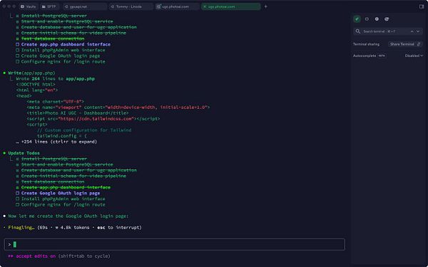 The image displays a terminal interface showing a series of tasks related to app development.