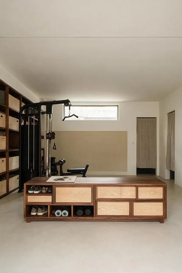 A minimalist home gym with a black cable machine on the left, a low walnut storage bench in the foreground, and warm neutral walls and flooring. Open cubbies and drawer fronts in light wood contrast with the darker frame, creating a calm Japandi-inspired workout space.