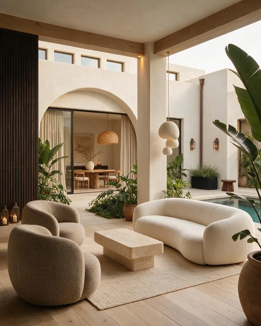 An organic modern backyard courtyard with cream stucco walls, arched openings, and warm wood trim surrounding a small pool. Rounded upholstered lounge chairs, a curved white sofa, a stone coffee table, hanging sculptural lights, and lush tropical plants create a calm, resort-like atmosphere.