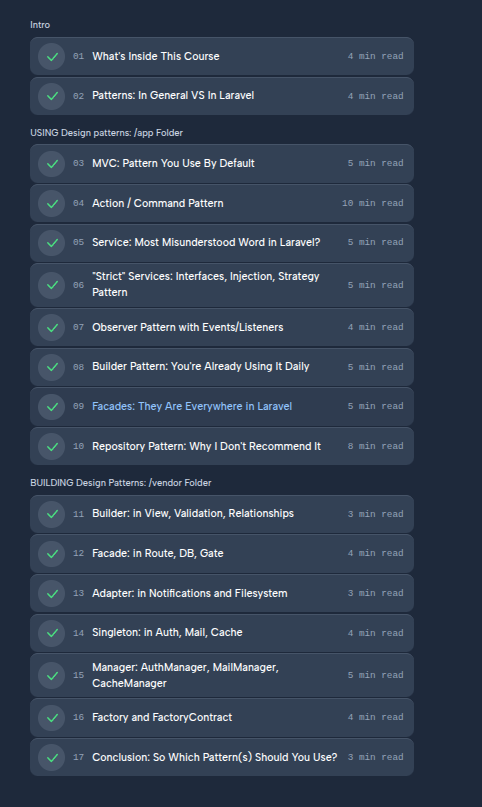 A detailed course completion checklist for a Laravel design patterns course.