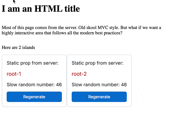 The image displays a web page with interactive elements demonstrating server-side rendering and client-side interactivity.