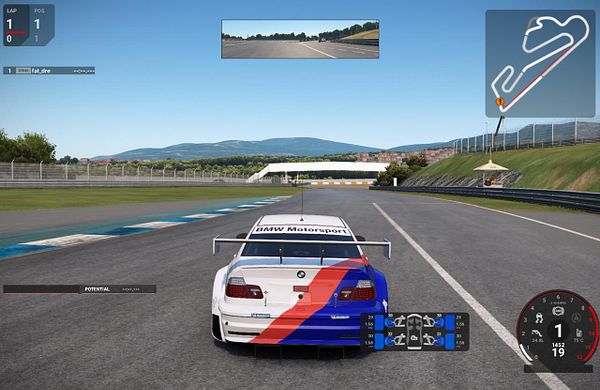 A red BMW M3 E46 GTR race car is racing on a track near Cascais, Portugal, with digital speed and gear HUD elements.