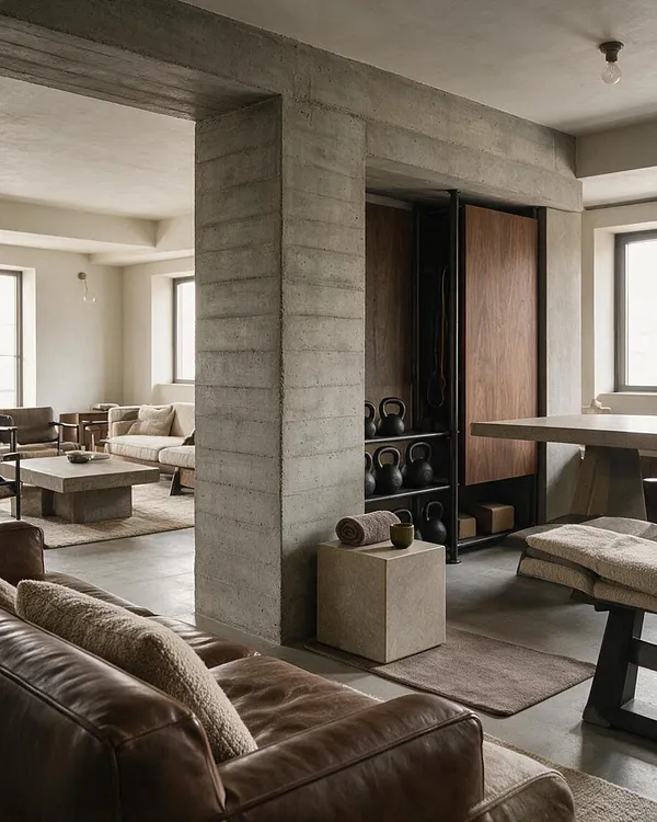 A spacious home gym with exposed concrete beams and columns, built-in wood-front storage for kettlebells and gear, and minimalist workout furniture. Soft neutral seating, rugs, and warm wood details soften the brutalist architecture, while daylight from large windows brightens the muted gray and beige interior.