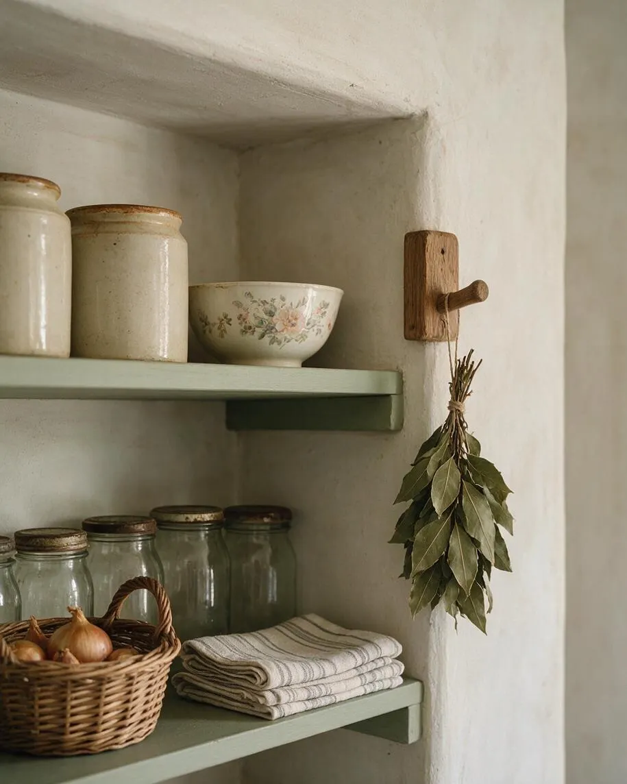 A small cottagecore pantry alcove with pale green shelves set into a white plaster niche. Ceramic crocks, floral china, glass jars, a wicker basket of onions, folded striped cloths, and a bunch of dried herbs hanging from a wooden peg create a calm rustic display.