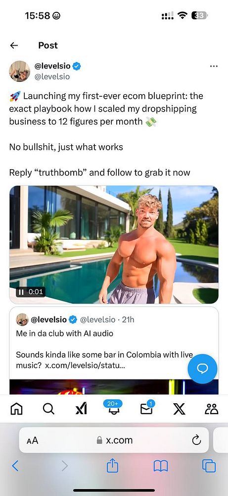 A social media post promoting an e-commerce blueprint with a video thumbnail and a personal photo.