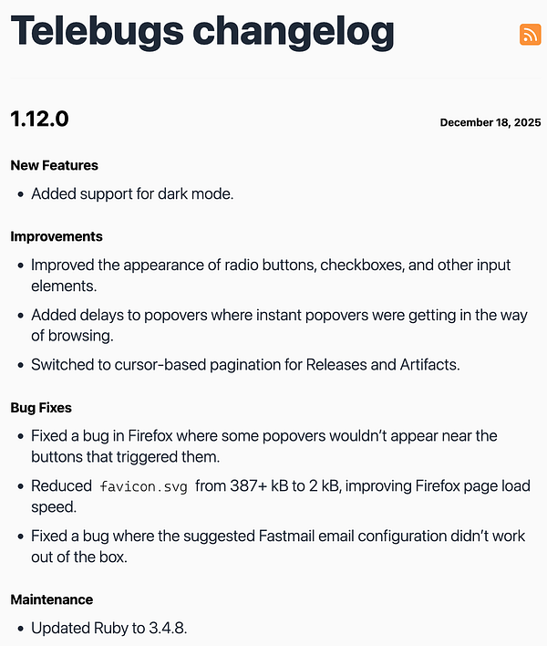 The image displays a changelog for the Telebugs software version 1.12.0.