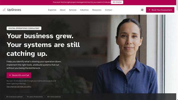 Homepage hero section for Upgroves website featuring a minimalist design with headline, subheadline, three icons with captions, and a large call-to-action button.