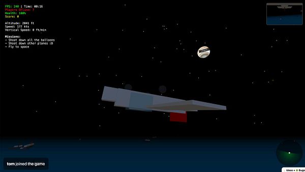 A virtual flight simulation interface displaying a plane in space with mission objectives.