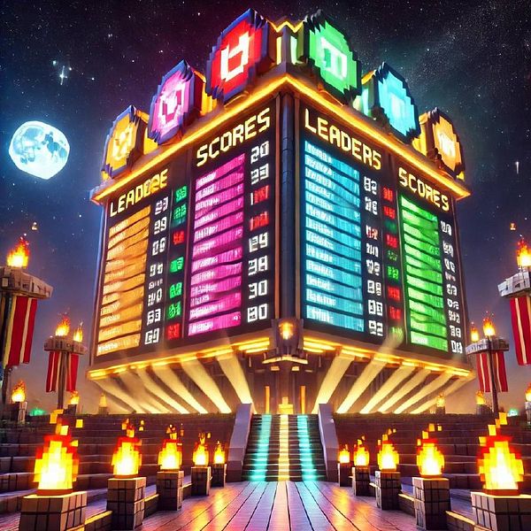 A vibrant digital leaderboard displays live scores in a game environment.