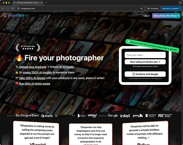 The image displays a webpage for Shopaview AI, an AI photo generation app.