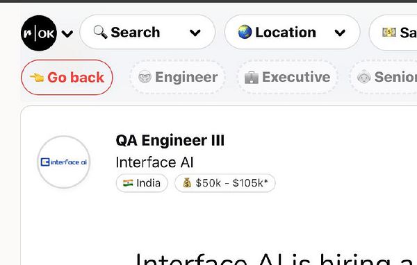 The image displays a job listing interface for a QA Engineer position at Interface AI.